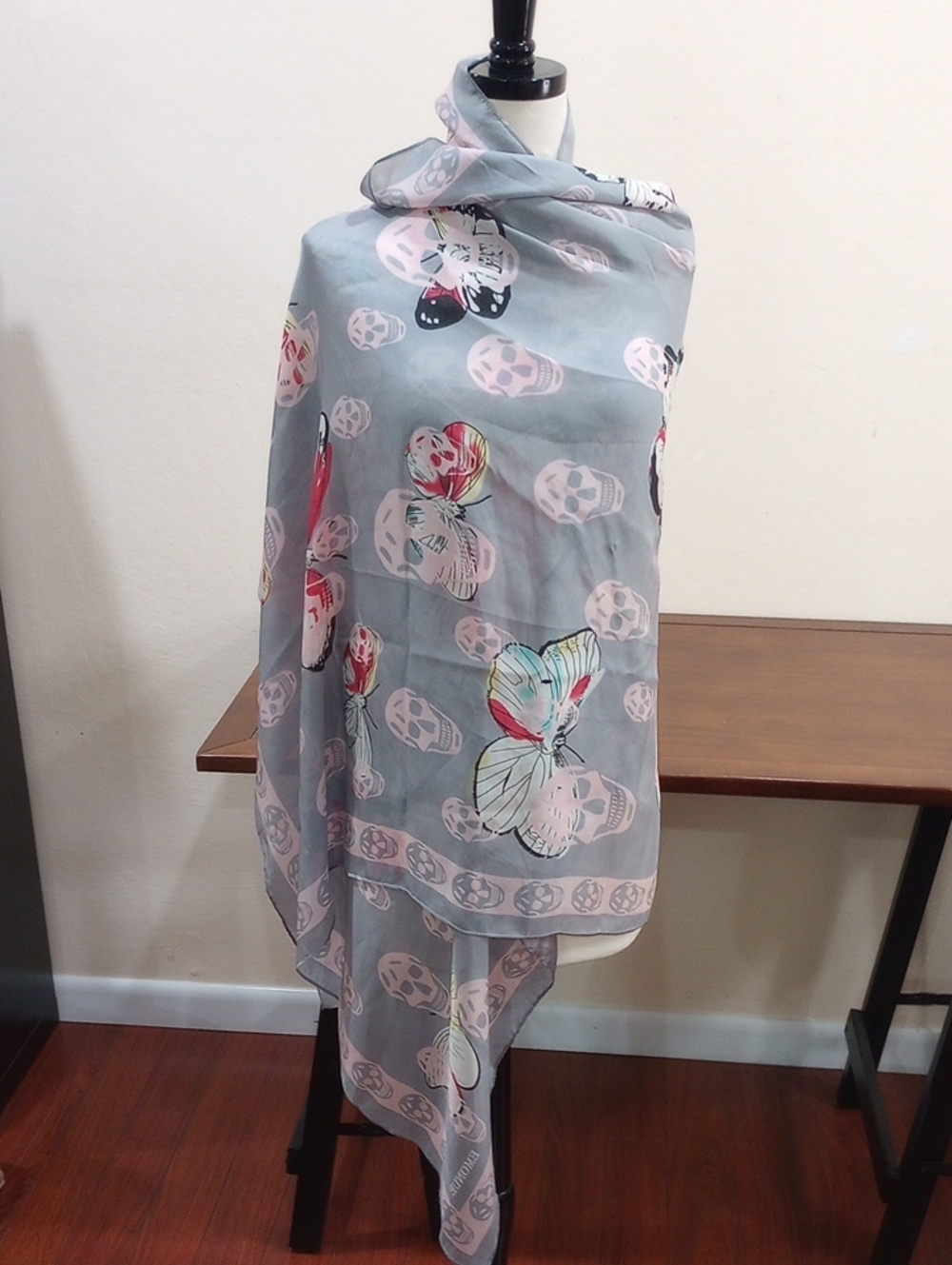 Emonue Skull And Butterfly Gray And Pink Silk Scarf - 72" x 36"